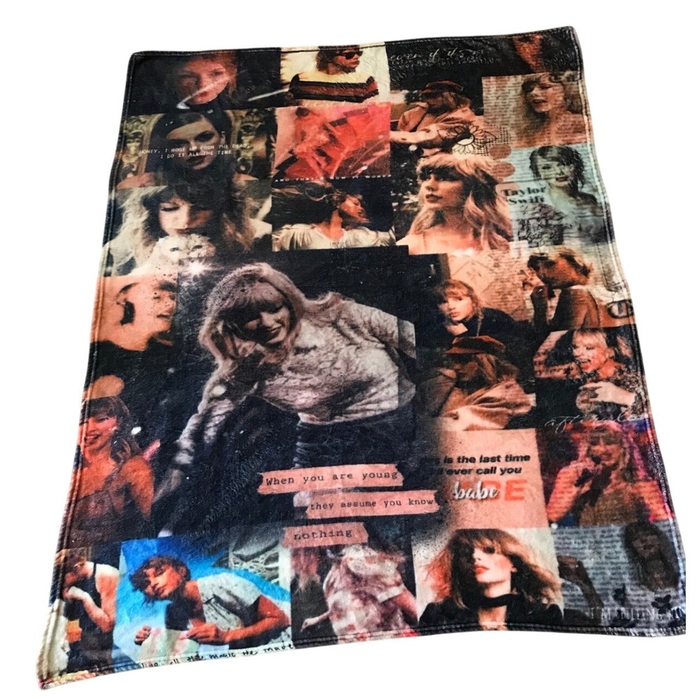 Taylor Swift Collage Fleece Blanket 38x50 Photos and Lyrics Eras Tour Fan Art